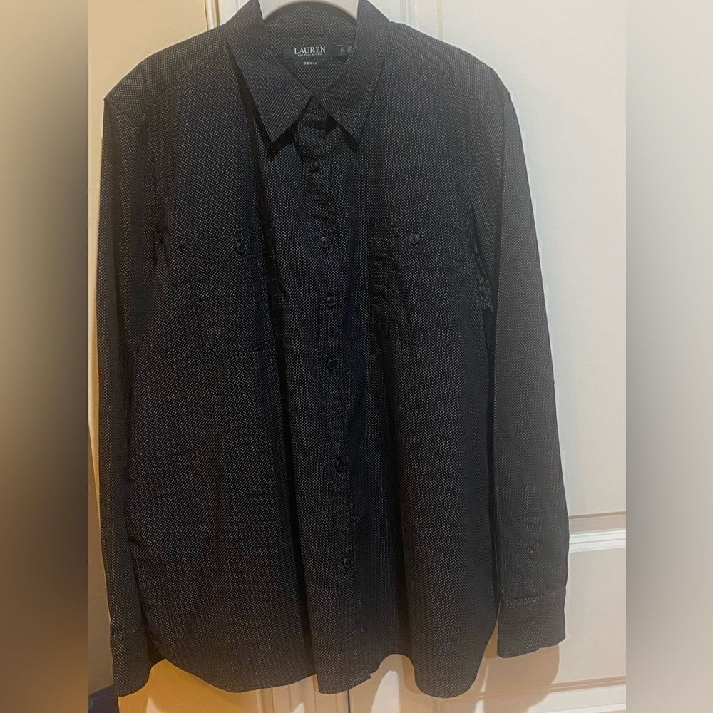 Lauren Ralph Lauren Denim Black Polka Dot Button Down Long Sleeve